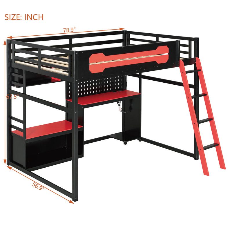 Full Size Wood Loft Bed with Desk, Shelves, LED Lights, USB Ports and Pegboard,Red, Red