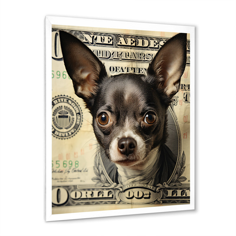 «Little Dog on Dollar Bill» - Impression, H 20 po x l 12 po x P 1 po, Cadre simple blanc
