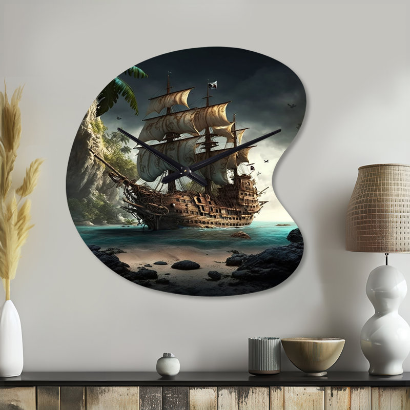 Bateau pirate sur l'océan - Horloge murale en forme de bateau, horloge murale asymétrique traditionnelle, Grand