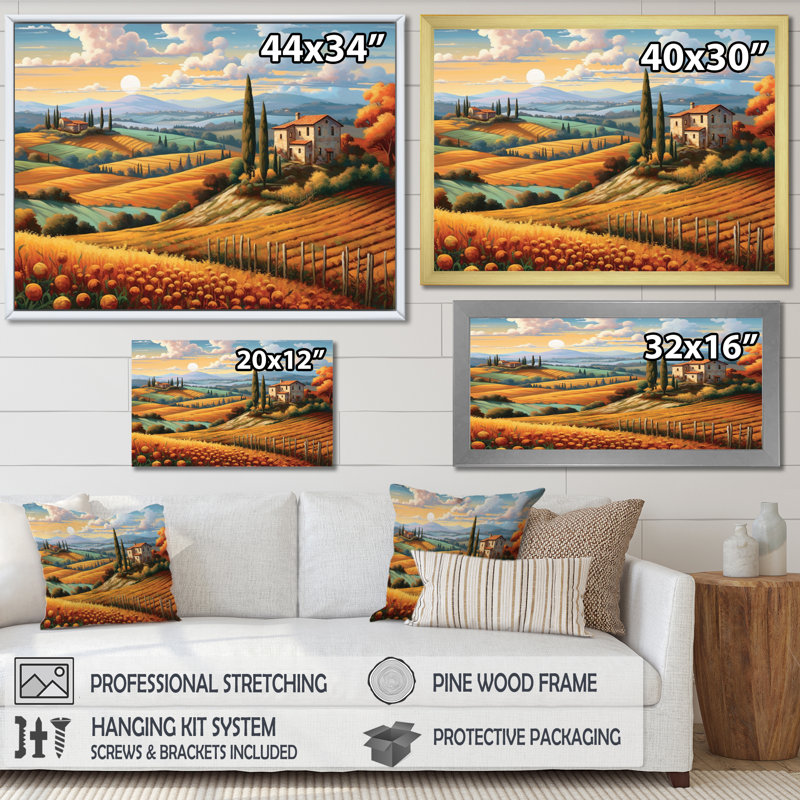 Pittoresque, art mural sur toile campagne, H 12 po x l 20 po x P 1 po, Cadre flottant doré