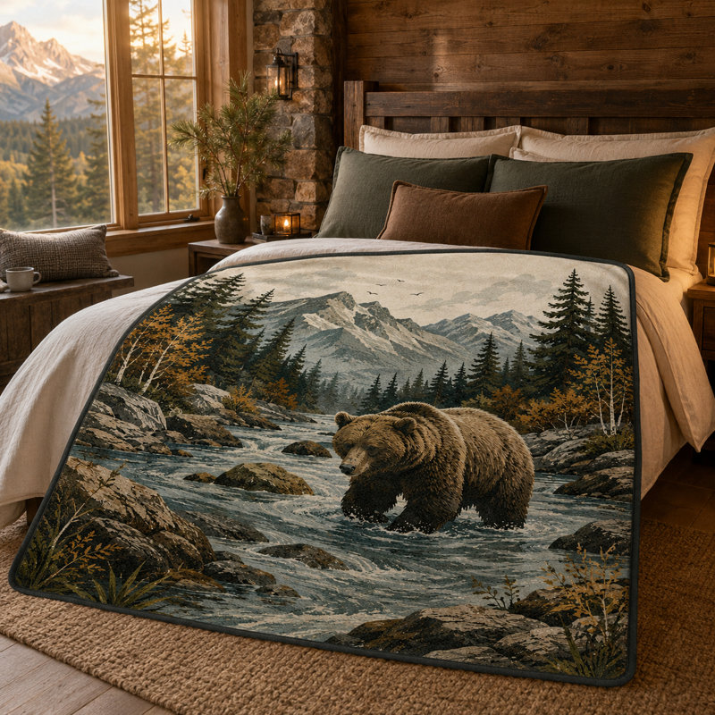 Couverture en flanelle à motif d'ours et ruisseau de montagne, avec rivière rocheuse, forêt de pins et sommets escarpés, imprimé faune sauvage pittoresque pour canapé, lit, chalet, coin détente, 152 x 203 cm