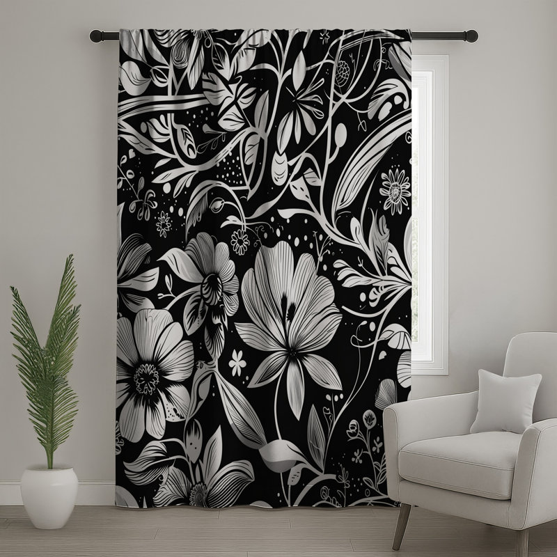 Rideaux de fenêtre noirs et blancs à motif floral, 50 po x 80 po - 1 panneau, Transparent