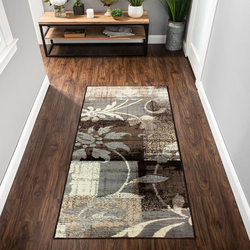 Tapis de couloir 12 pi beige et gris à motif floral tissé à la machine