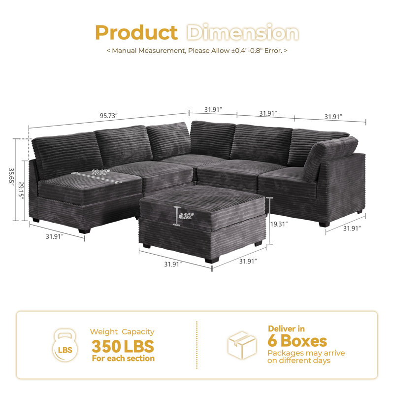 Hogle 95.7'' Modular L-Shaped Sectional Plush Corduroy Sofa With Movable Ottoman, Gray Corduroy