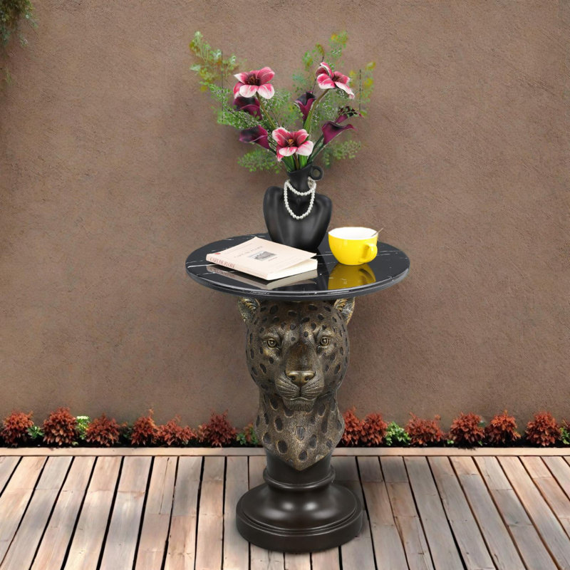 Table d'appoint à tête de léopard avec plateau en faux marbre