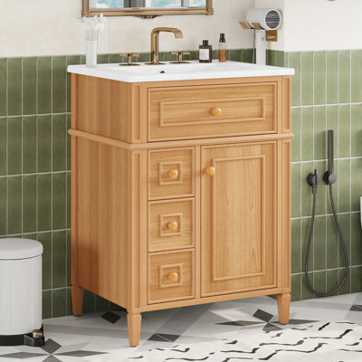 Meuble-lavabo en bois avec tiroir rabattable, 2 tiroirs à fermeture en douceur, 1 porte à fermeture en douceur