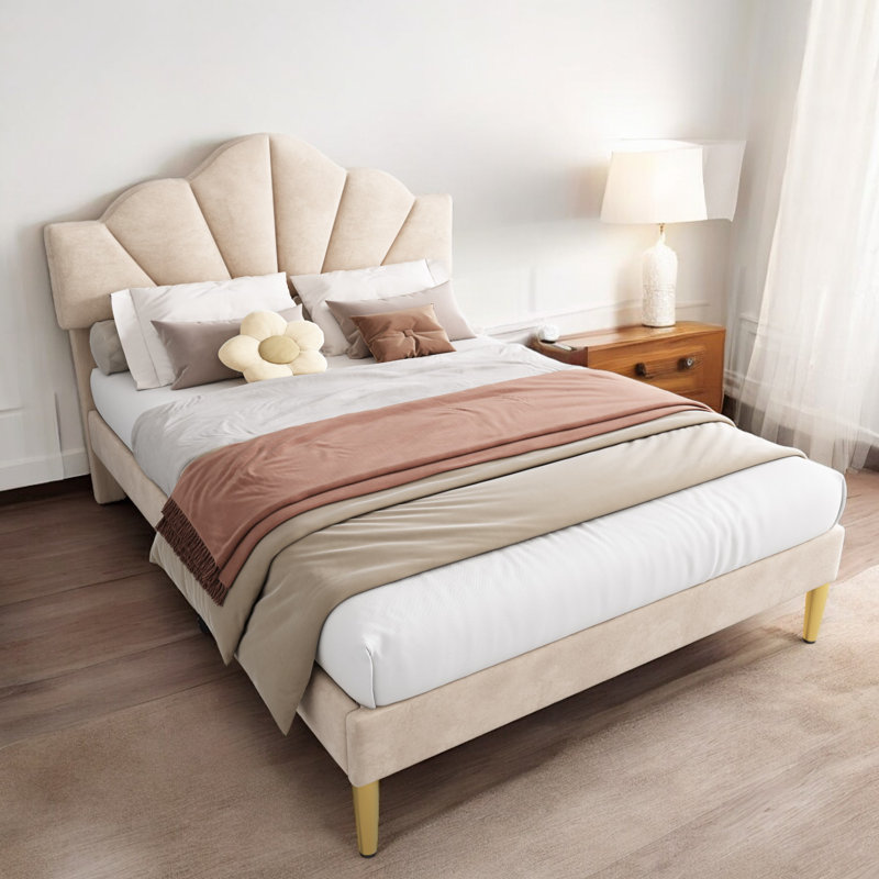 Aarna Velvet Upholstered Bed, Beige, Double (140 x 195 xm)