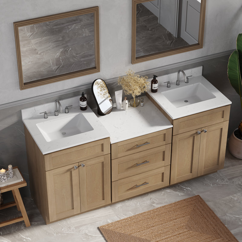 Plateau de meuble-lavabo double en bois massif avec tiroir à queue d'aronde et comptoir Carrara, 73", Chêne naturel