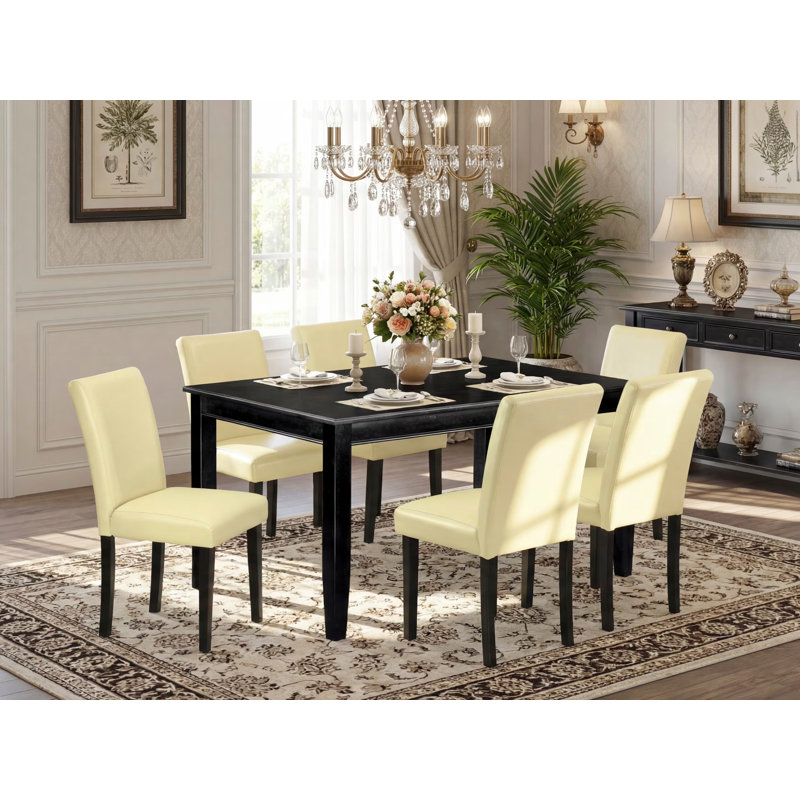 Ensemble de table et chaises de cuisine 7 pièces comprenant une table de salle à manger rectangulaire et 6 chaises rembourrées en similicuir de lait de poule, noir