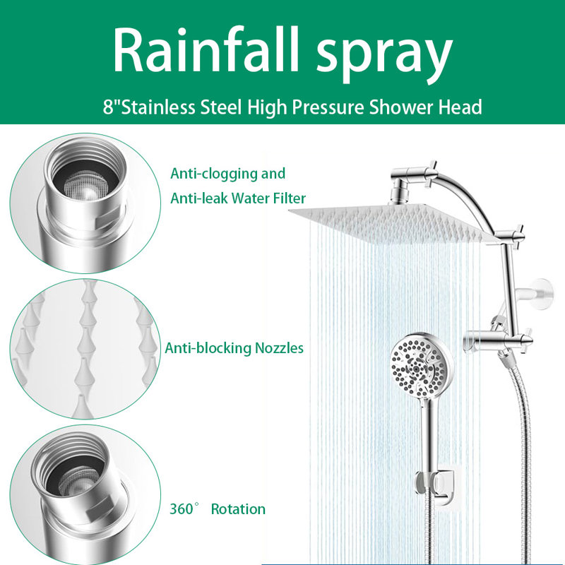 8'' High Pressure Rain Shower Head, 16'' Adjustable Arc-Shaped Extension Arm, 10 Sprays, 71'' Hose, Chrome