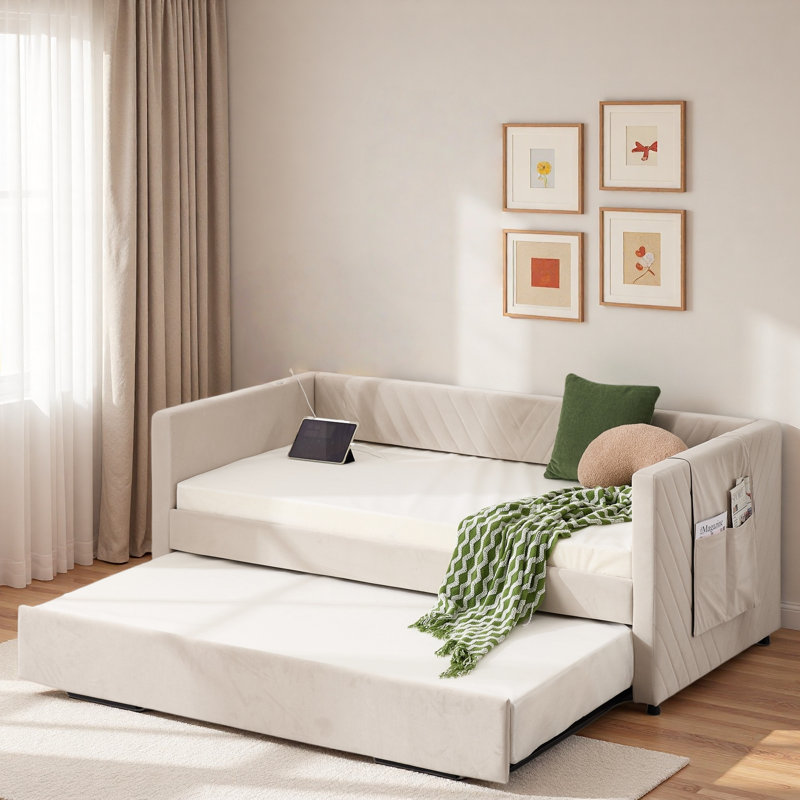 Lit de jour rembourré avec couchette, port USB et poches latérales, Beige