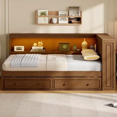 Lit de jour en bois pleine grandeur avec tablettes de rangement, USB, DEL et 2 tiroirs, couleur bois antique