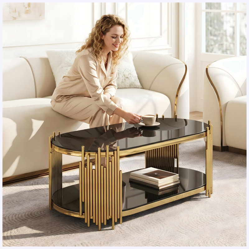 Luxury Gold Modern Oval Coffee Table | 2-Tier Black Tempered Glass Shelves & Organ Pipe Design, Black / Gold+Black