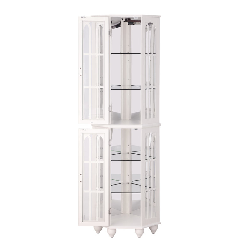 Vitrine de coin avec système d'éclairage et 4 tablettes réglables, éclairage de tablettes en verre blanc, bois massif, Blanc