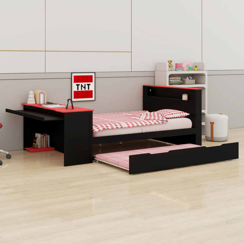 Lit de jour en bois avec couchette, bureau d'écriture, éclairage à DEL intégré et ports de charge USB, Double, Noir et rouge