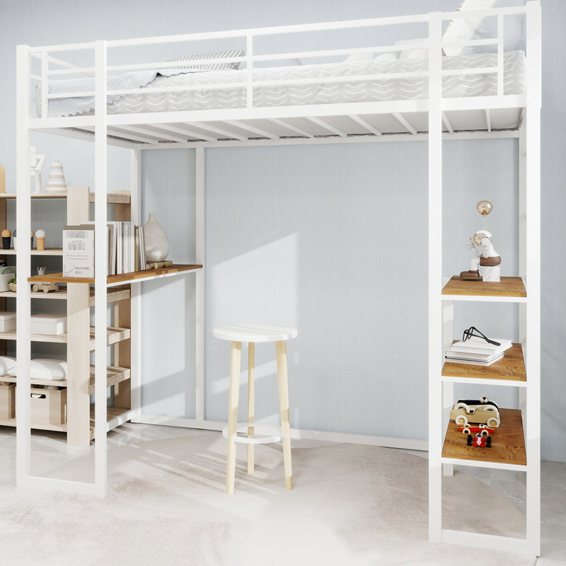Twin White Iron Bed, L - Shaped Desk, Stairs, Robust, Youth Bedroom, Easy Access To Lower Area, Quick Setup White Iron Frame Bed With Railing And Stairs On Both Sides, Space Saving For Bedroom, Long