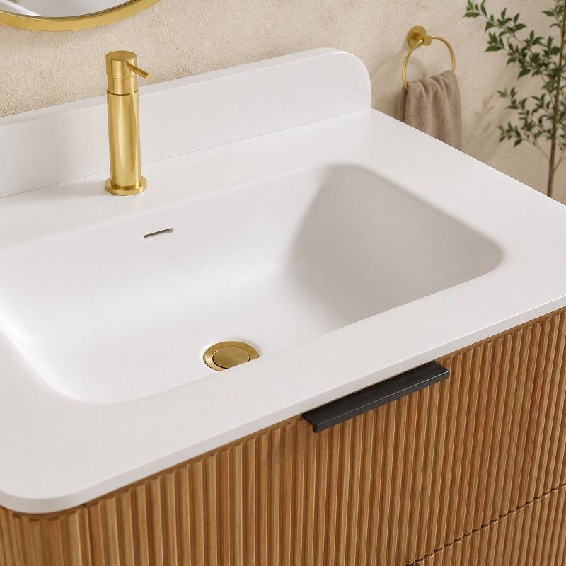 Meuble-lavabo flottant 60 po à double cuve avec plateau en acrylique intégré, Naturel, 60"