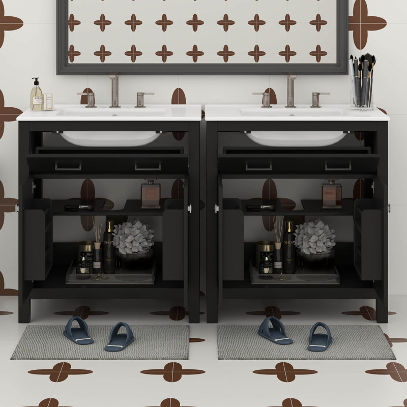 60" Bathroom Vanity With Double Sink, Bathroom Vanity Set With Double Vanities (Separate), Adjustable Shelf, Soft Close Doors And Flip Drawer