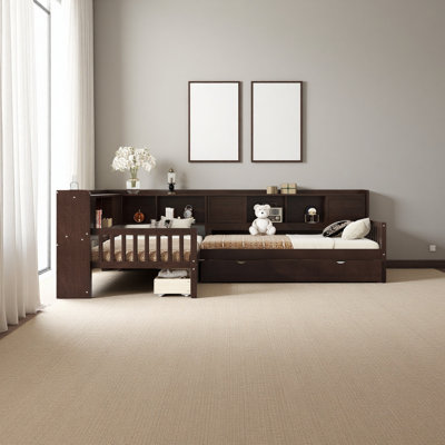 L-Shaped Platform Bed Twin Size With Trundle, Solid Wood Platform Bed With Storage Drawers And Shelves