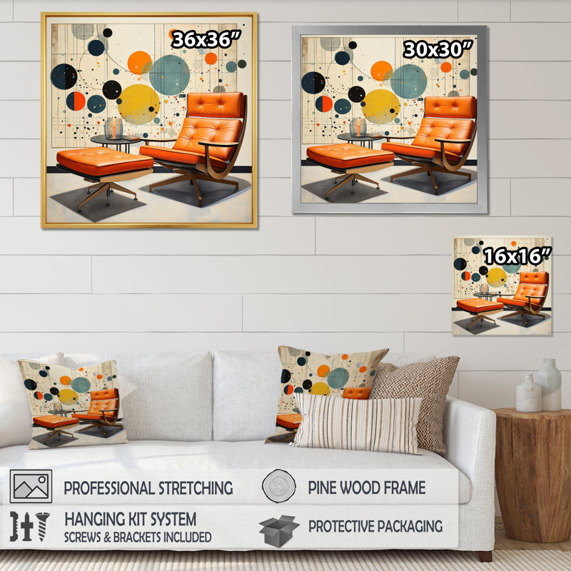 Corail Mid Century Eames Elegance - reproduction sur toile, Encadrement doré, H 16 po x l 16 po x P 1 po