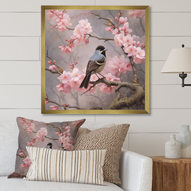 «Bluebird On Blossom Cherry I» sur toile, Cadre doré à une seule photo, H 16 po x l 16 po x P 1 po