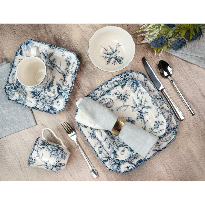 Adelaide Porcelain Dinnerware Set 16 Pc Square, Blue/White