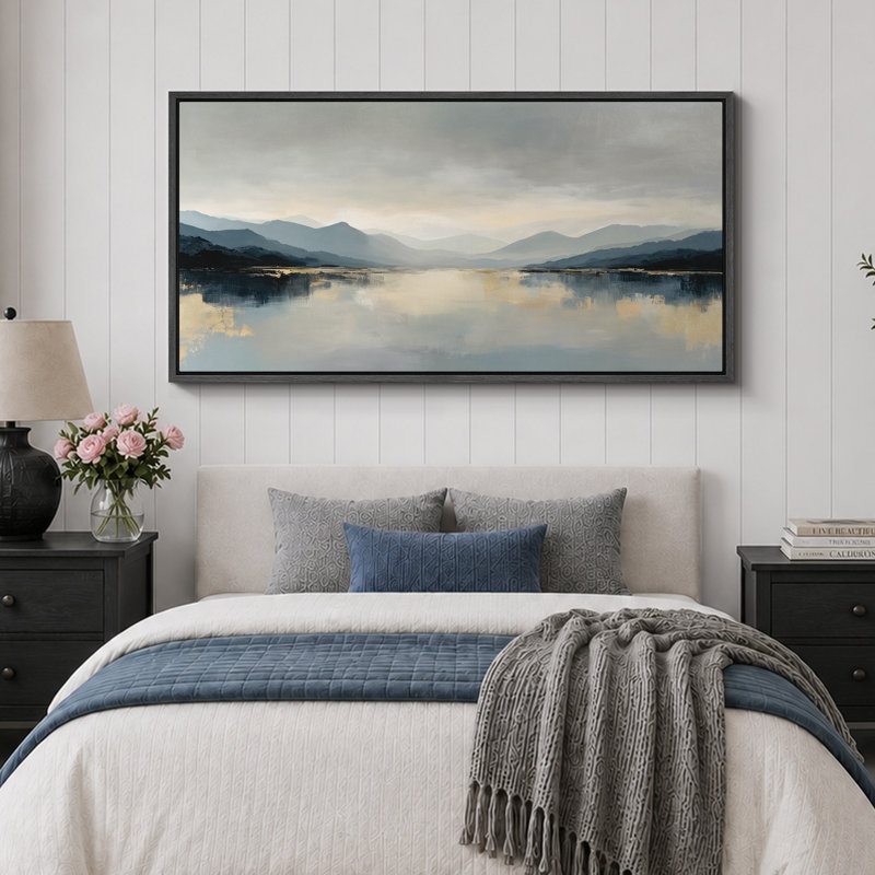 "Serene Mountain Lake Reflection Landscape", très grandes photos, impression sur toile encadrée, Noir, H 30 po x l 60 po