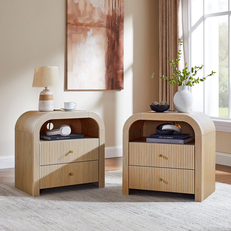 Table de chevet cannelée 24 po avec station de charge et 2 tiroirs de rangement, table de bout moderne avec tablettes ouvertes