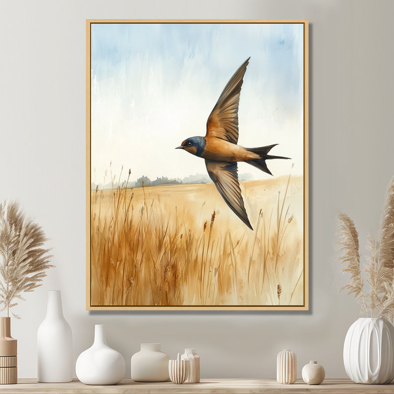 Bird Swallow Over The Fields II - Bird, art mural encadré, H 20 po x l 12 po, Reproduction avec cadre flottant, Crème, crème