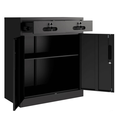 Metal Storage Cabinet with Lock and Two Drawers, 2-Door Office Storage Cabinet with 1 Adjustable Shelves, Heavy Duty Steel File Cabinet for Home, Office, Garage, School