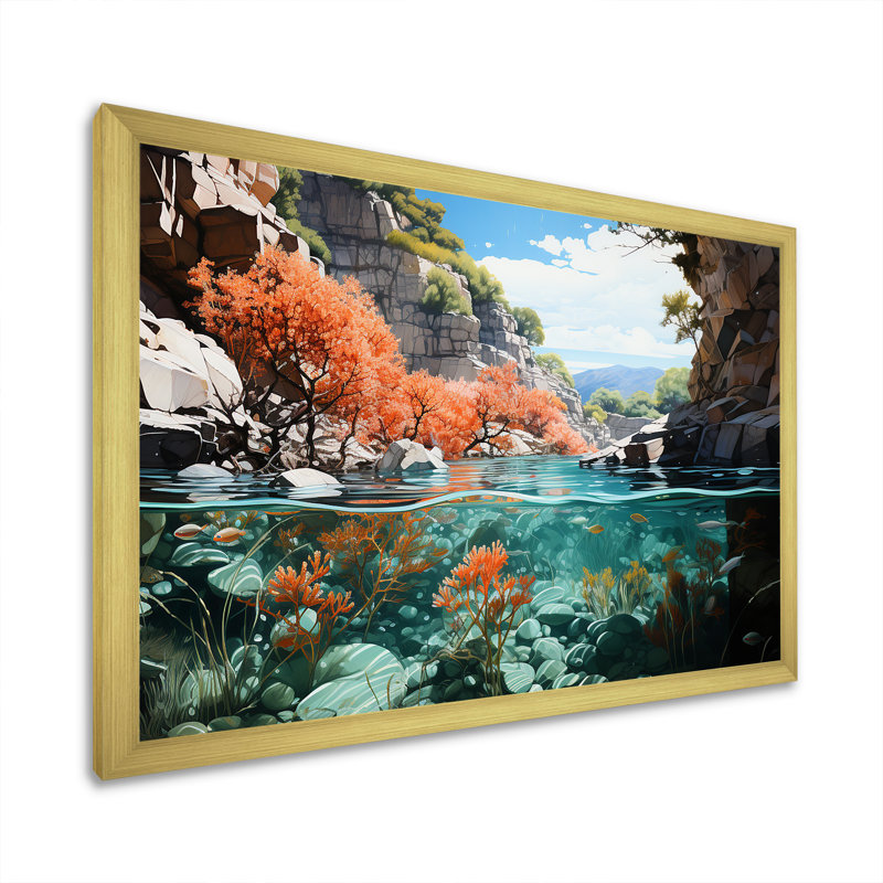 Corail et anémone «I» sur toile, Cadre doré simple, H 16 po x l 32 po x P 1 po