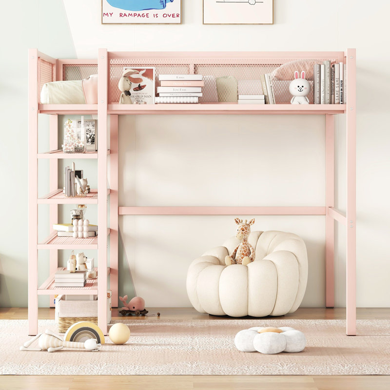Lit mezzanine en métal avec tablettes à 4 niveaux et rangement, Lit double, Rose