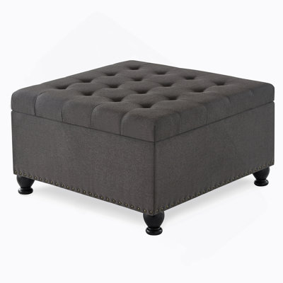 Large Square Storage Ottoman With Wooden Legs, Upholstered Button Tufted Coffee Table