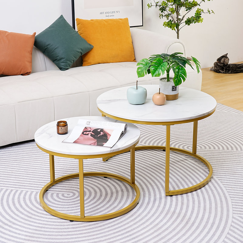 Ronik Round Shape Nesting Coffee Table for Living Room Marble Style Tabletop Gold Metal Frame