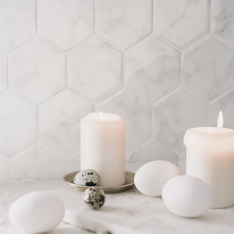 Carrelage à peler et coller en gel Hexa 10 po x 11 po, Blanc lustré