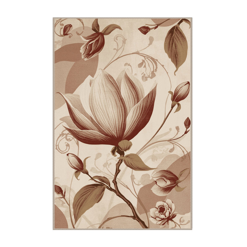 Machine Washable Parrilla Magnolia Classic Floral Rug in Beige – Beige Binding, 2x3
