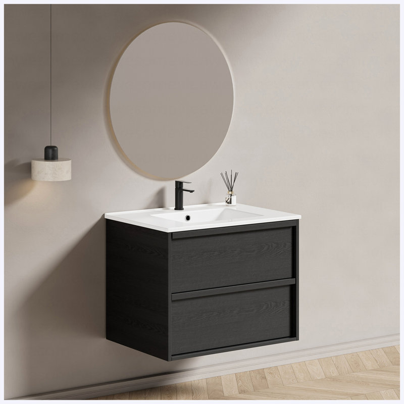 Meuble-lavabo flottant mural 30 po avec lavabo en céramique, conception cannelée et tiroirs