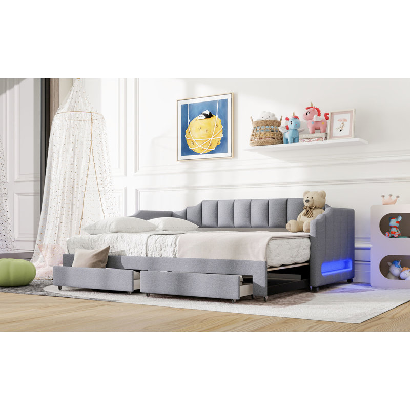 Twin Xl To King Upholstered Daybed With Led And Two Storage Drawers, Gray, Ideal For Changing Spaces Gray Extendable Long - Lasting