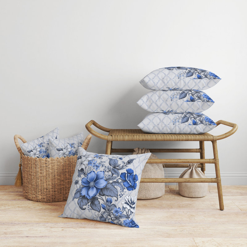 Coussin Wild Fleurs, H 16 po x l 16 po, Floral gris / bleu