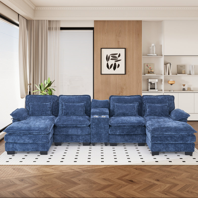5 Piece U Shape Sectional Sofa Cloud Couch Double Chaise Sectional Couch with Console, Deep Blue Chenille