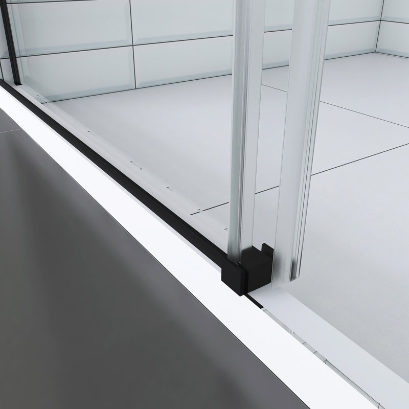 Double porte de douche coulissante en verre trempé avec poignée en acier inoxydable, Noir mat