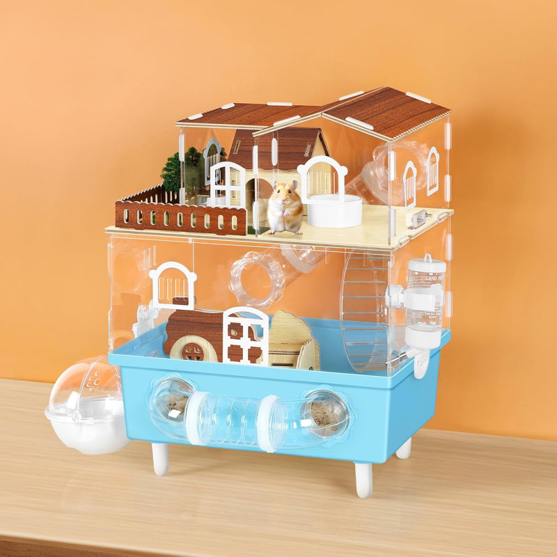 Grand ensemble de démarrage complet en acrylique à 2 niveaux pour cage de hamster, petit refuge pour animaux de compagnie avec vue dégagée à 360 ° et roues de couloir, bleu pour les gerbes nains syriens