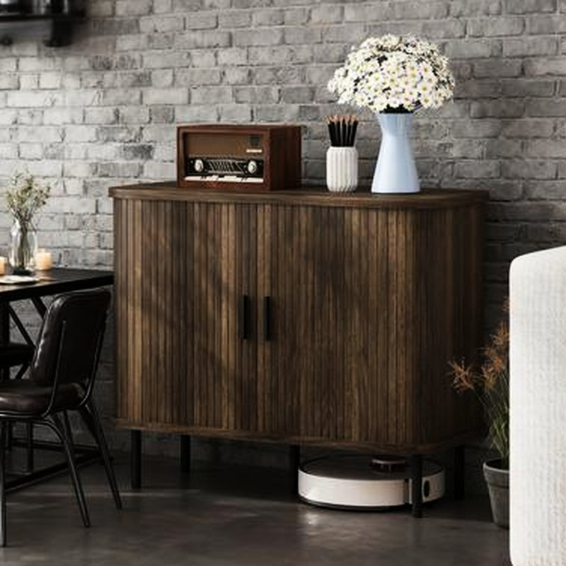 Walnut Nordic Storage Sideboard With Slatted Tambour Doors, Kitchen And Living Room Organization, Five Steel Legs, 35.4" Long Door Cabinet, For Areas, Spacious Compartments, Adjustable Foot Pads,