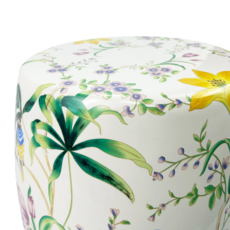 Flower patterned circular ceramic stool