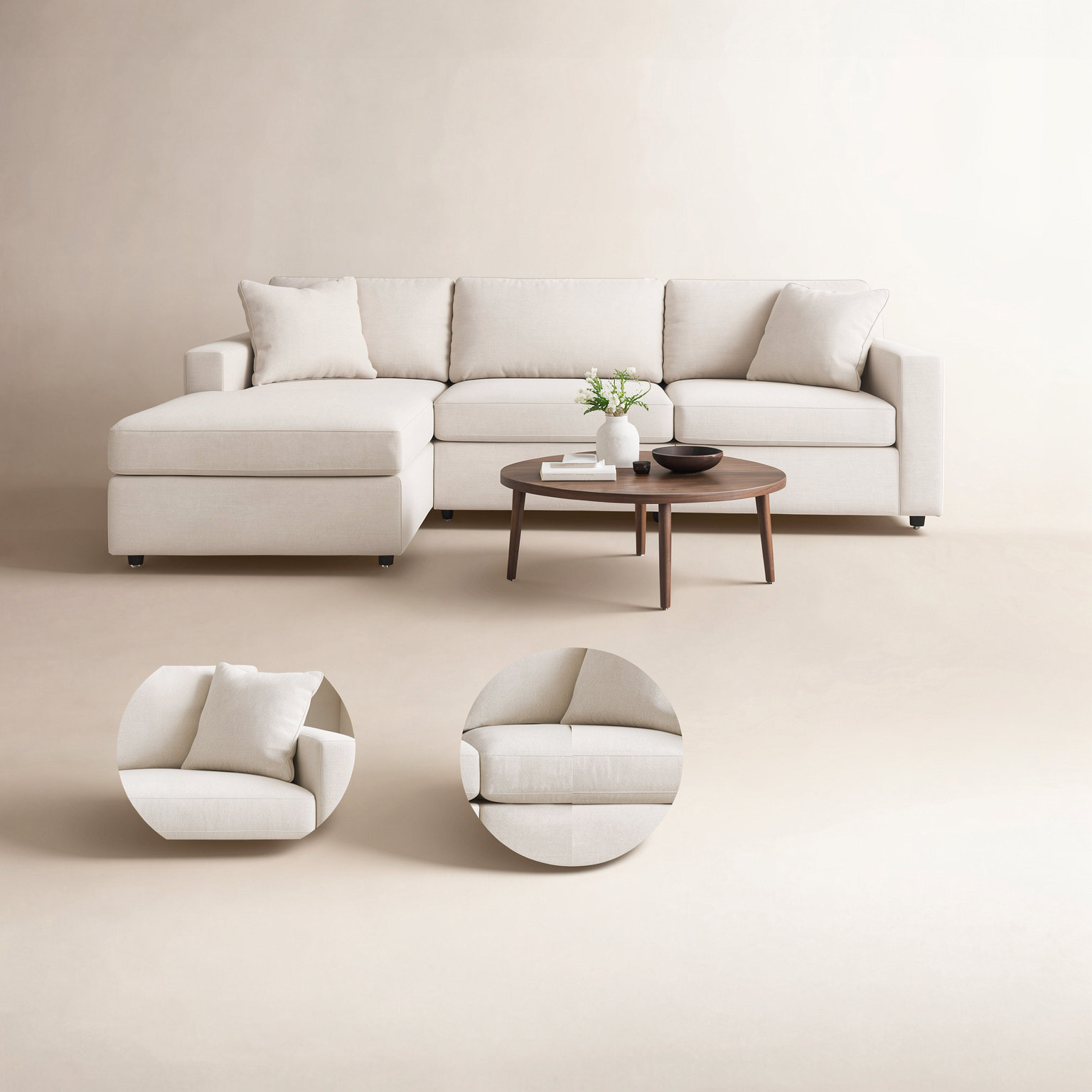 Bulwell Sectional With Chaise, Beige Polyester, Left Hand Facing, 36" H x 109" W x 68"D