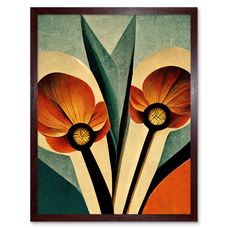 Flower Illustration Art Deco Tulips - Print, 43cm H x 33cm W, Brown Framed Paper