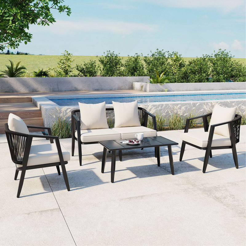 Ensemble de sièges d'extérieur durable et confortable, adapté aux patios, aux pelouses et aux bords de piscine, Noir, Beige