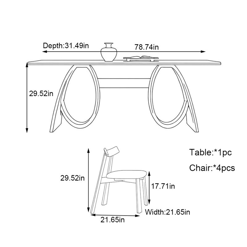 Ensemble de table simple style français, H 29,52 po x L 78,74 po x l 31,49 po