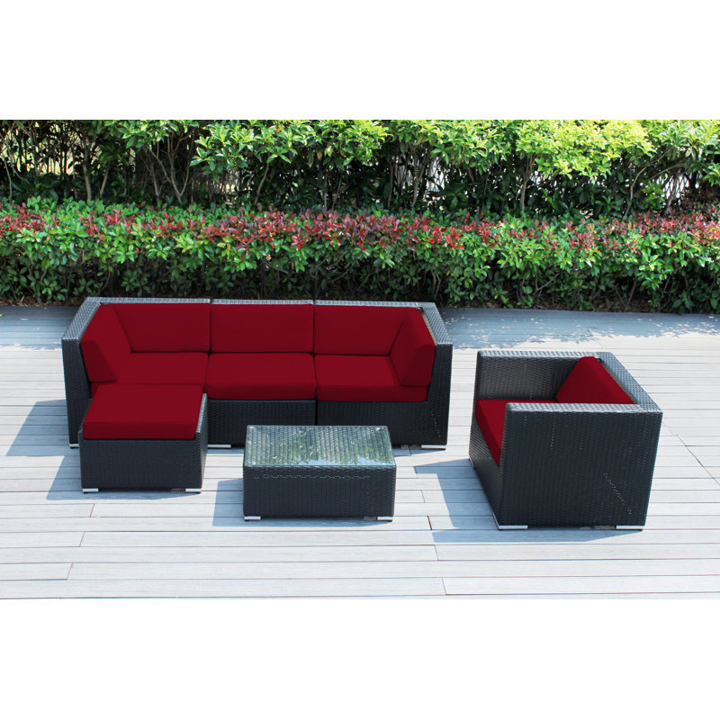 Ensemble de conversation en osier pour 5 personnes avec coussins Lumini, Toile Sunbrella® rouge Jockey
