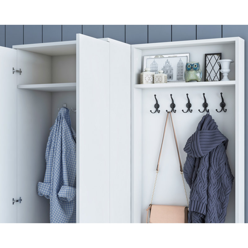 Pollmann Modern Hall Stand with 1 Drawer & Multipurpose Hanging Rack, White | 100% Melamine Coated Particle Board, 47.0 x 72.0 x 14.7 inches | Wall-Mountable with Numerous Shelves for Additional Storage & Organization